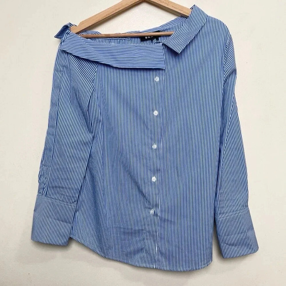 DKNY Womens Small Poplin Asymmetrical One Shoulder Button Shirt Stripes - Picture 2 of 12